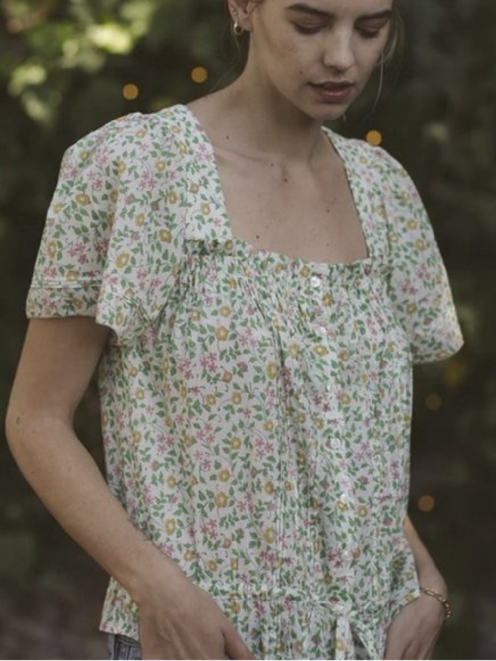 Trovata White Floral Square-Neck Blouse with Pink and Yellow Blossoms